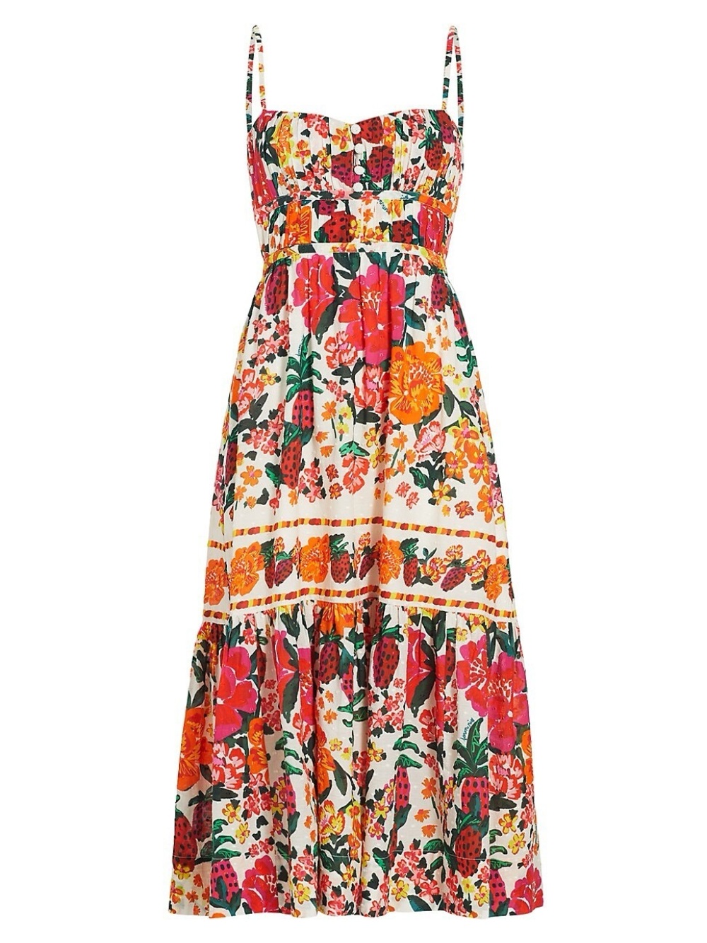 Farm Rio. Floral Cotton Strappy. Midi-Dress. Floral Sketch White